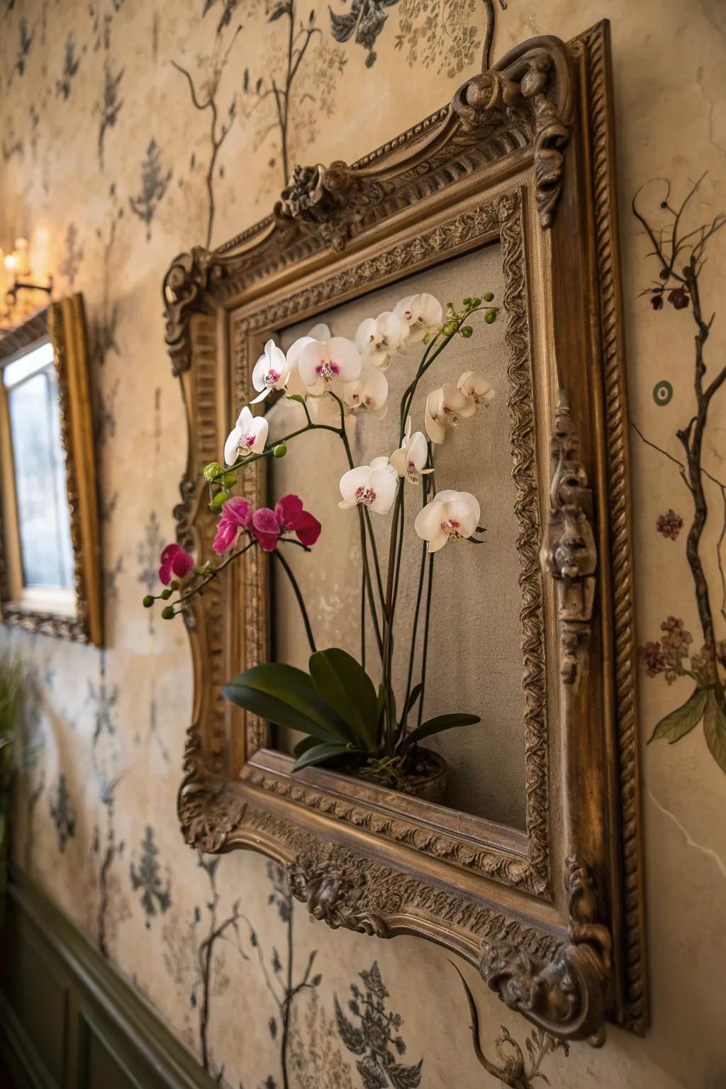 Antique frames add a touch of vintage elegance to your orchid displays.