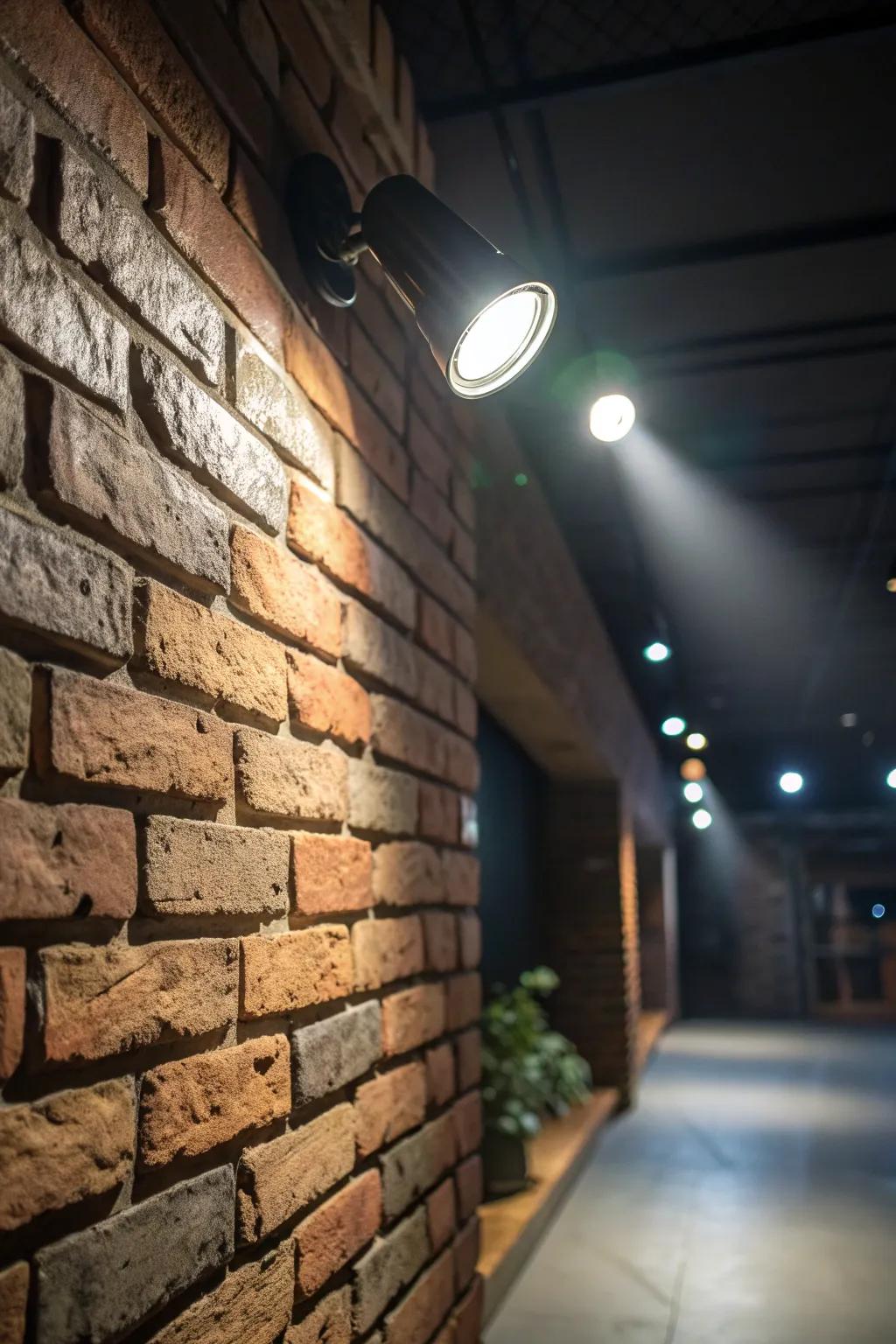 Spotlighting brings attention to the wall's unique features.