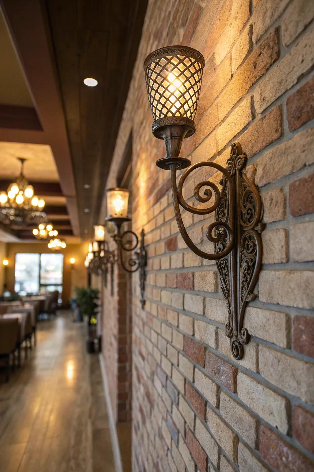 Wall sconces add elegance and style to brick walls.