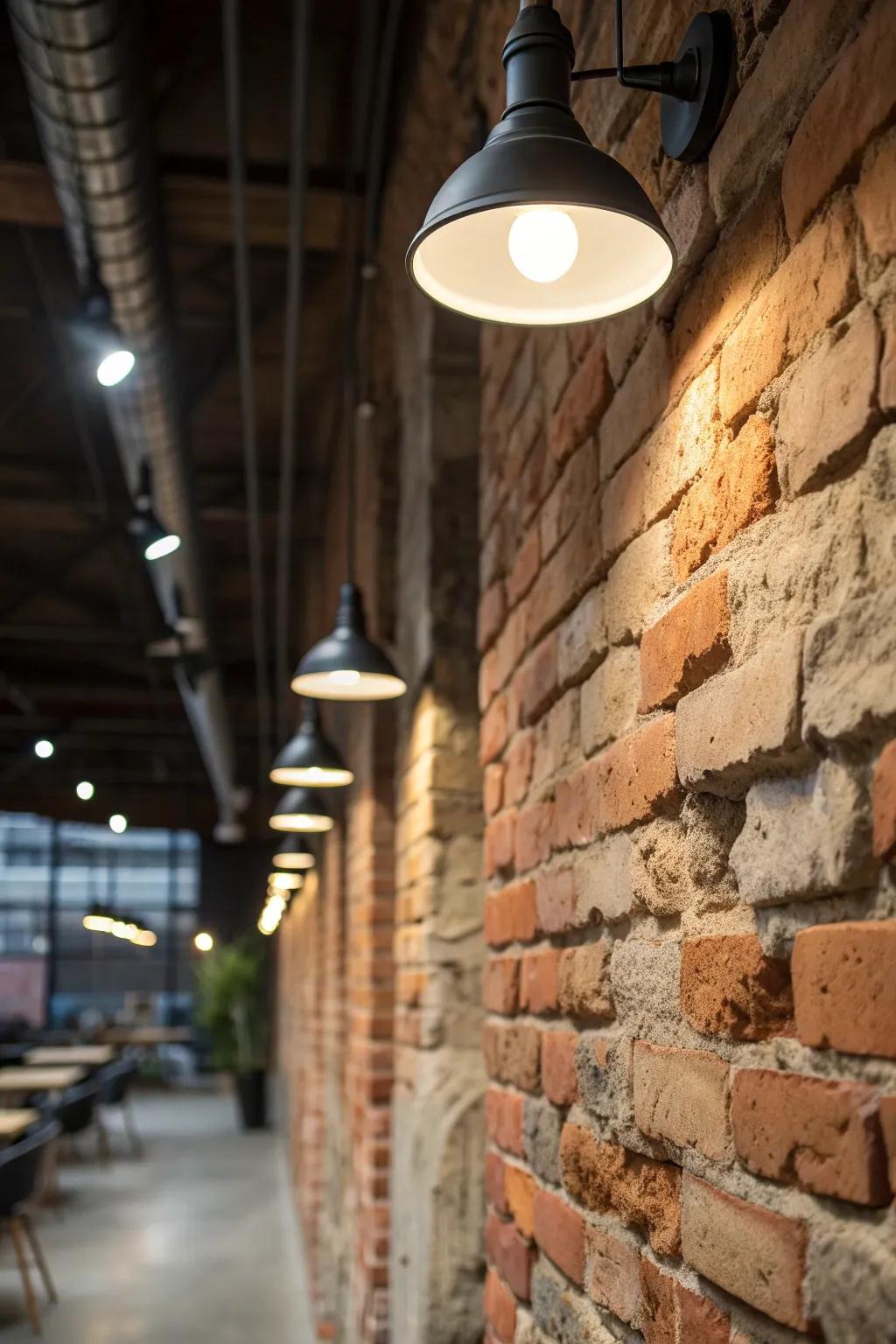 Modern lighting adds a chic contrast to rustic brick.