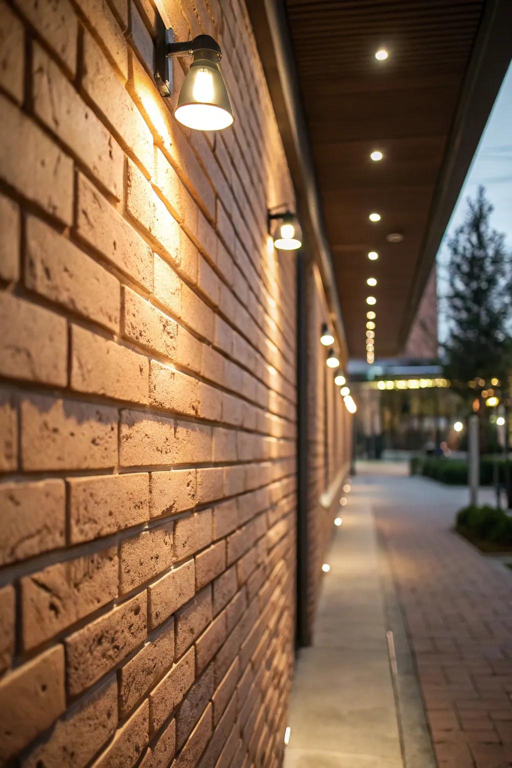 Wash lighting smoothens and enhances the look of brick walls.