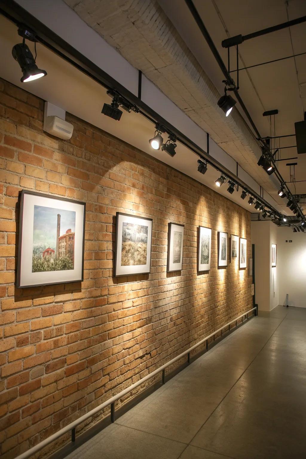 Track lighting highlights art pieces on brick walls beautifully.