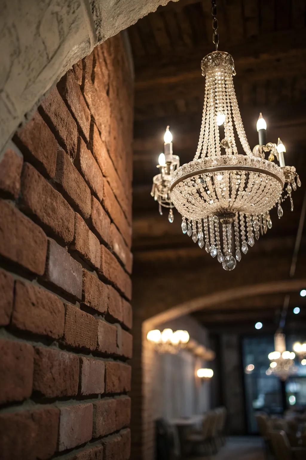 Chandeliers add elegance and grandeur to brick settings.