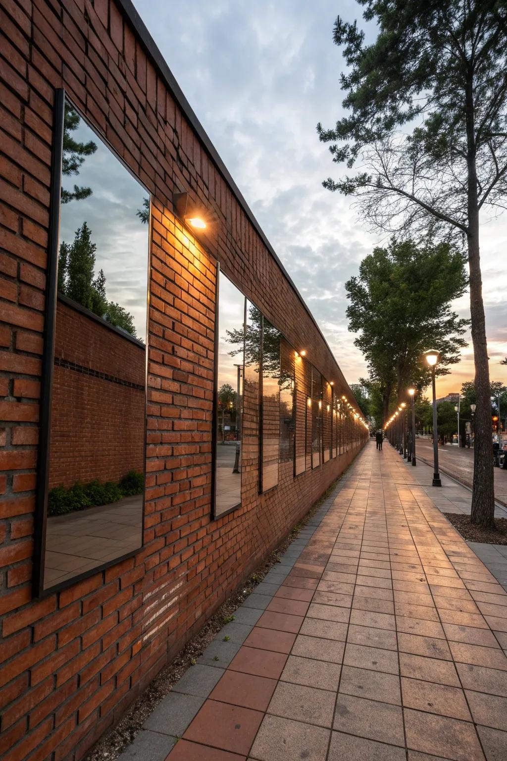 Mirrored lighting enhances and expands the space around brick walls.