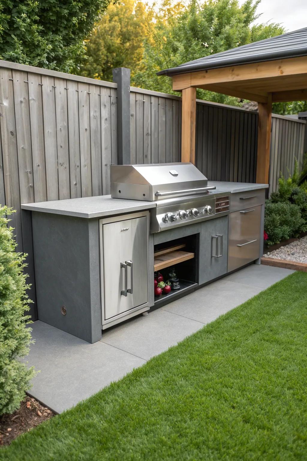 A sleek built-in grill integrated into outdoor cabinetry, creating a harmonious and functional cooking space.