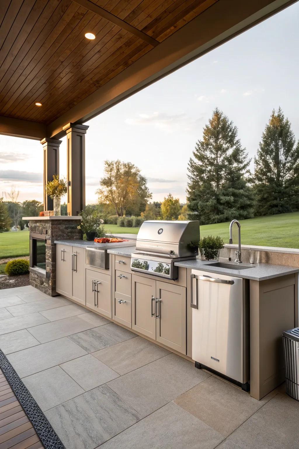 An inviting outdoor kitchen complete with sleek cabinetry, a sink, and a refrigerator, perfect for entertaining.