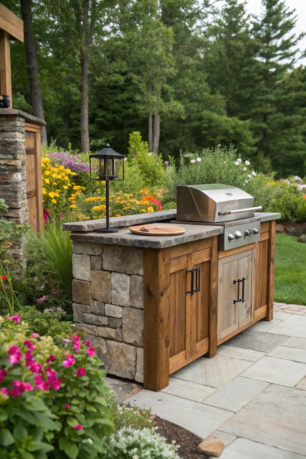 A rustic yet modern BBQ cabinet crafted from wood and stone, nestled in a lush garden.