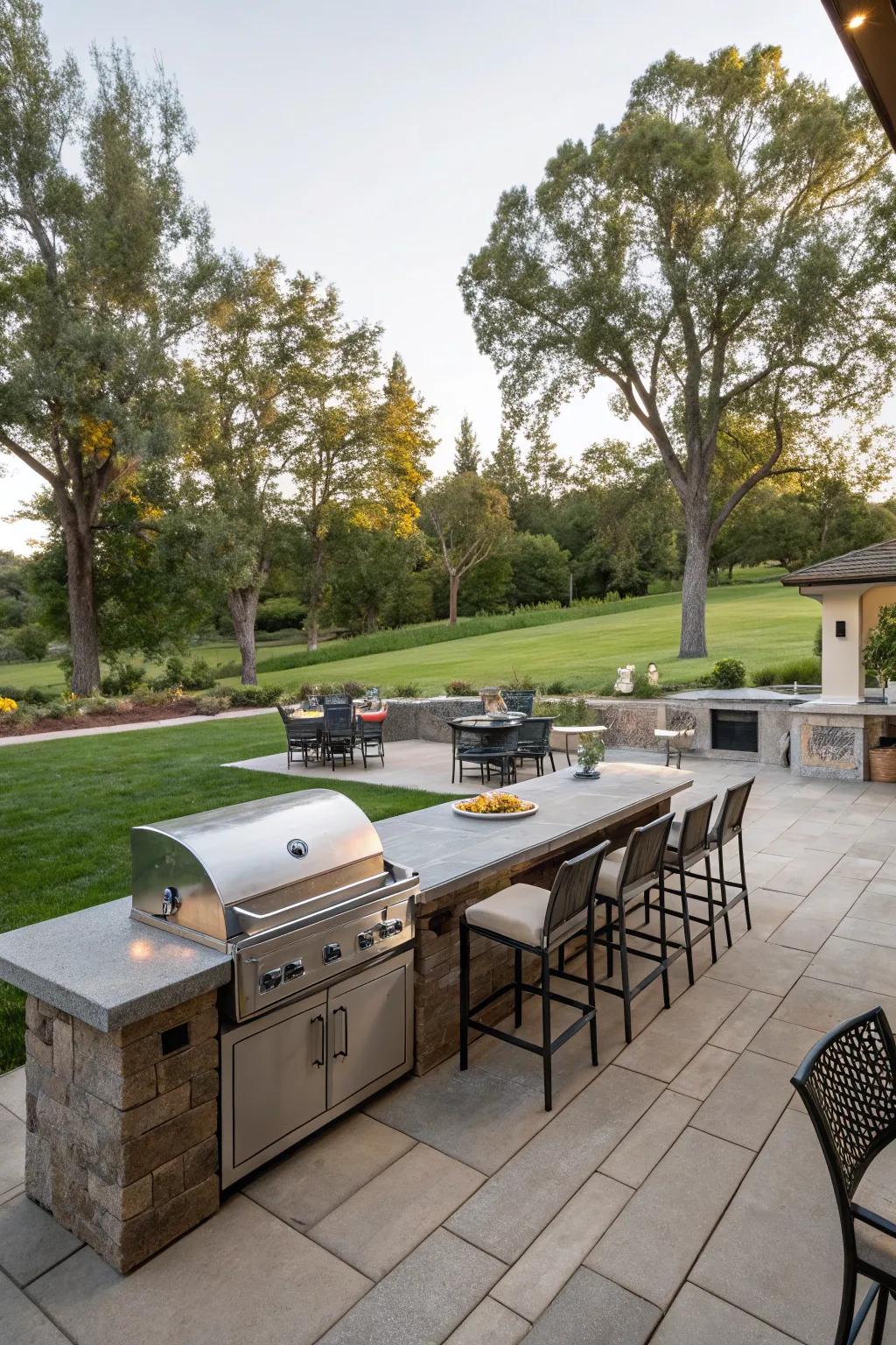 An expansive counter space in a BBQ area, ideal for food preparation and serving at outdoor gatherings.
