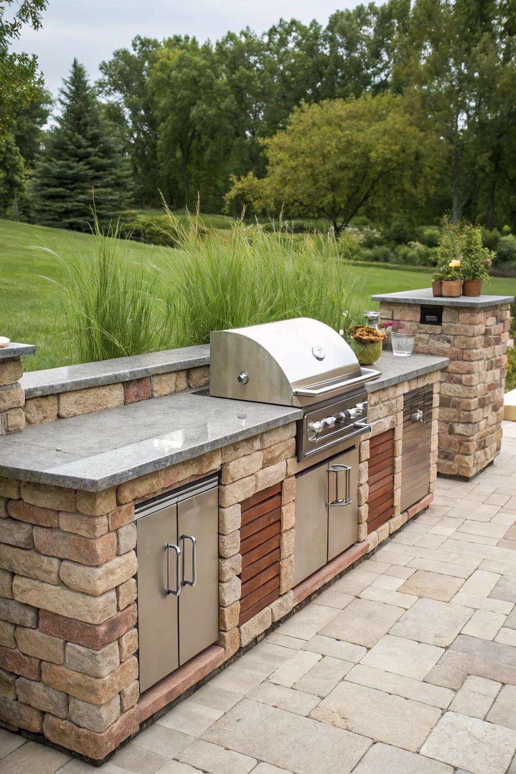 A classic BBQ cabinet design featuring elegant stone and brick accents, blending seamlessly with the landscape.