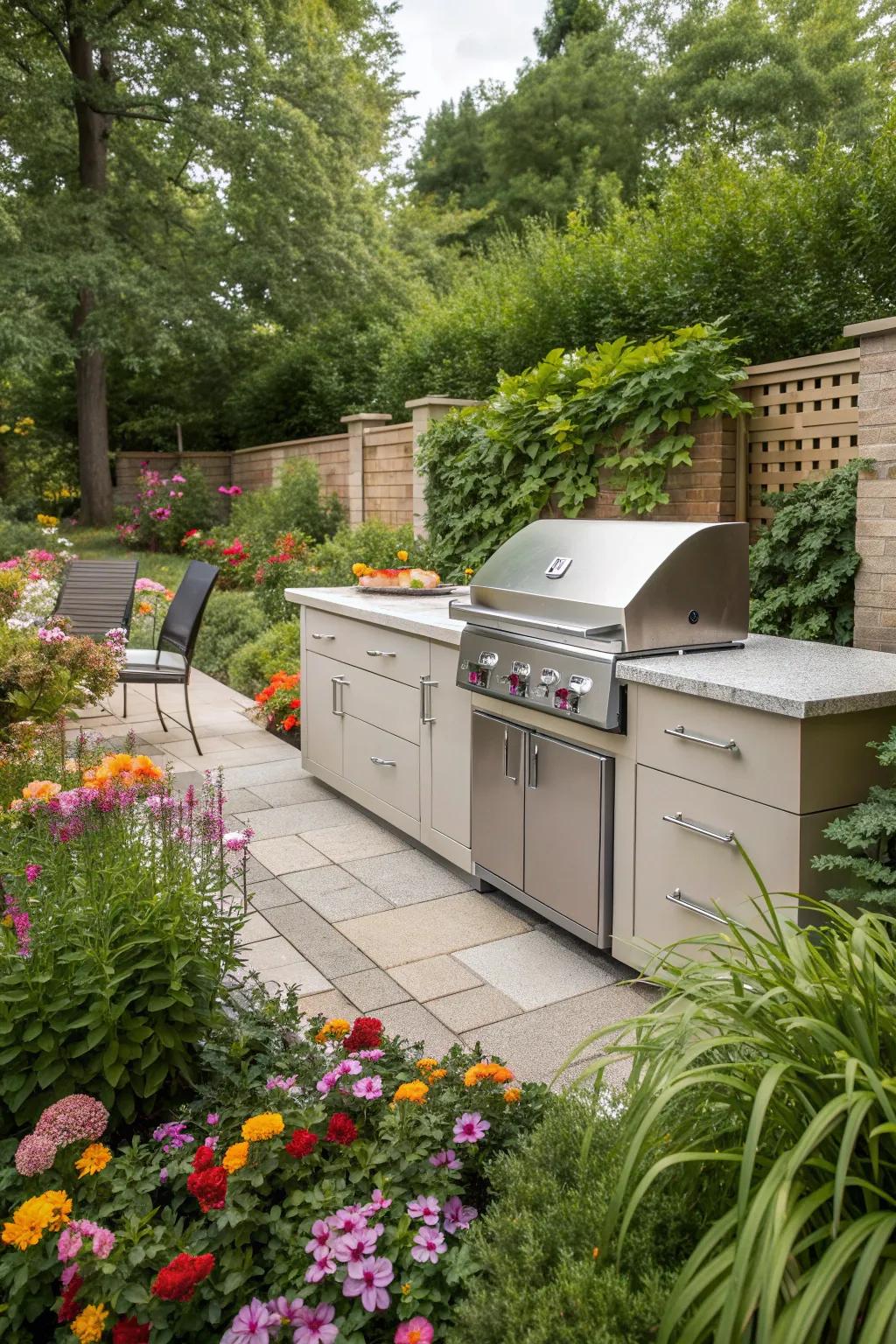 BBQ cabinets beautifully integrated into a lush garden, creating a harmonious outdoor living space.