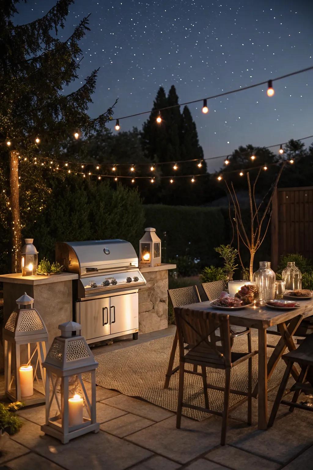 An outdoor BBQ area illuminated with soft lighting, perfect for cozy evening gatherings.