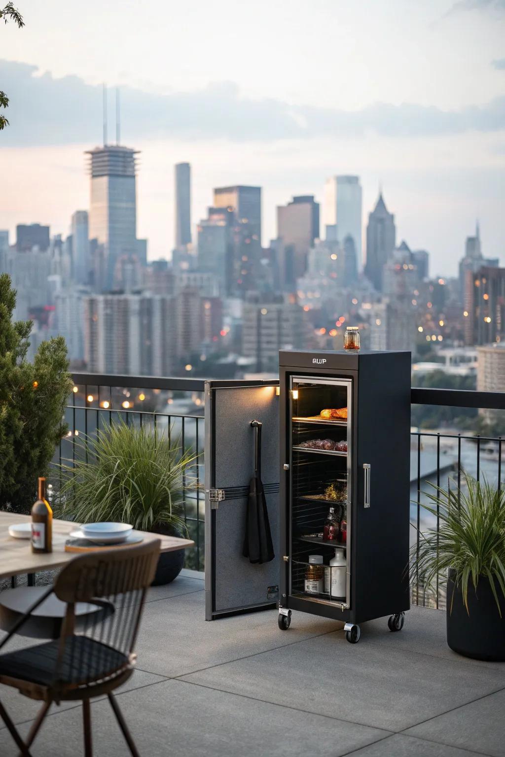 A portable BBQ cabinet on a rooftop terrace, providing flexible grilling options with a view.