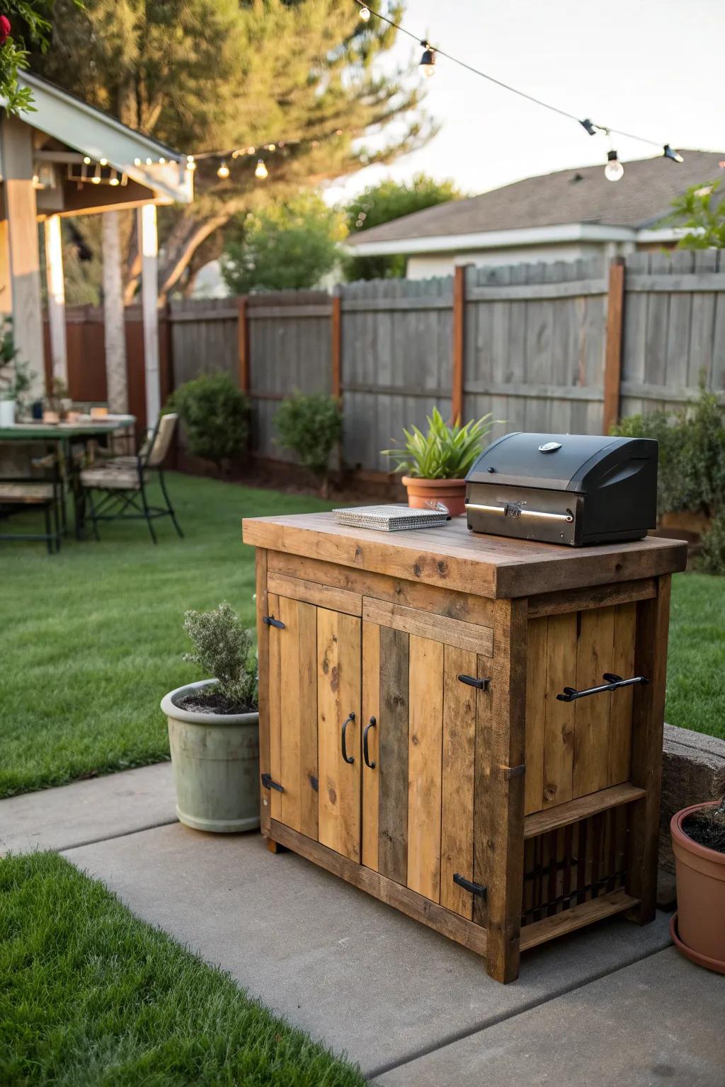 A DIY BBQ cabinet crafted from reclaimed wood, showcasing personal creativity and flair.