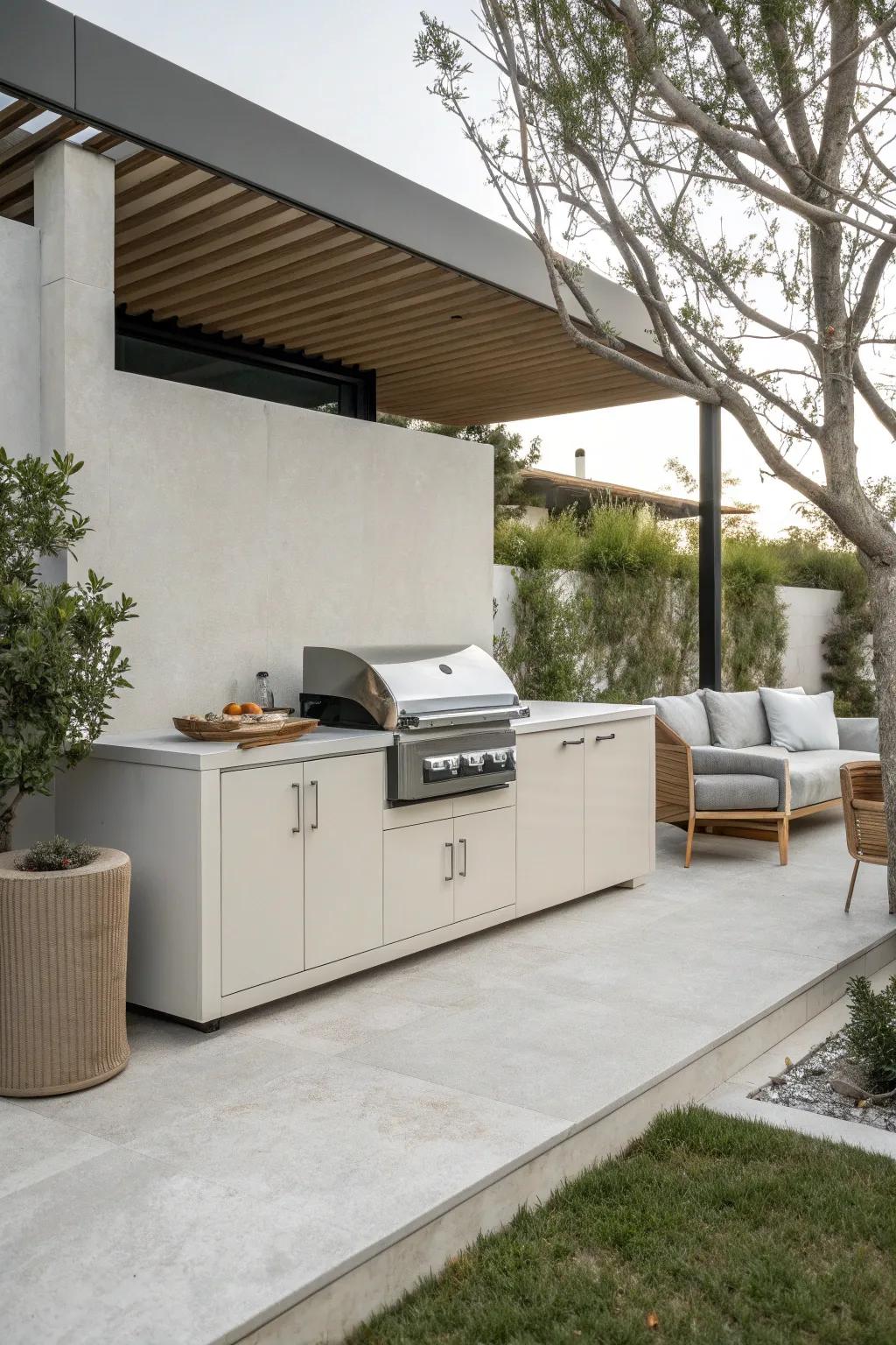 A minimalist BBQ cabinet setup with sleek design and functionality, perfect for modern outdoor spaces.
