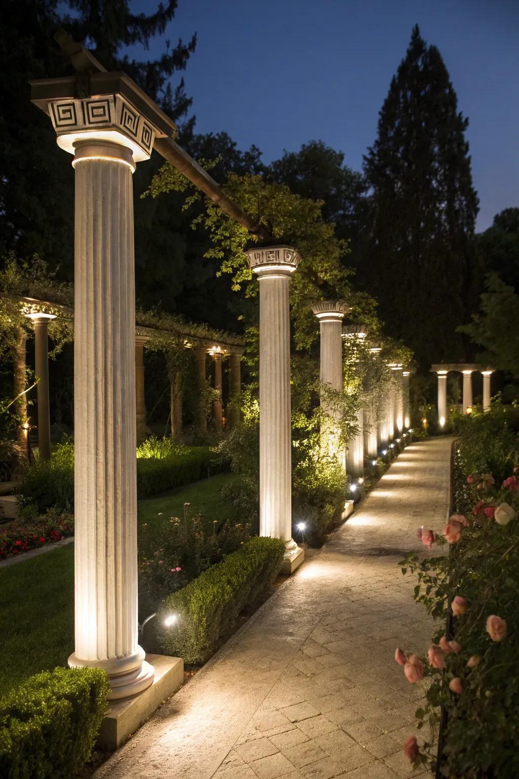 Garden path illuminated by columns with pathway lights