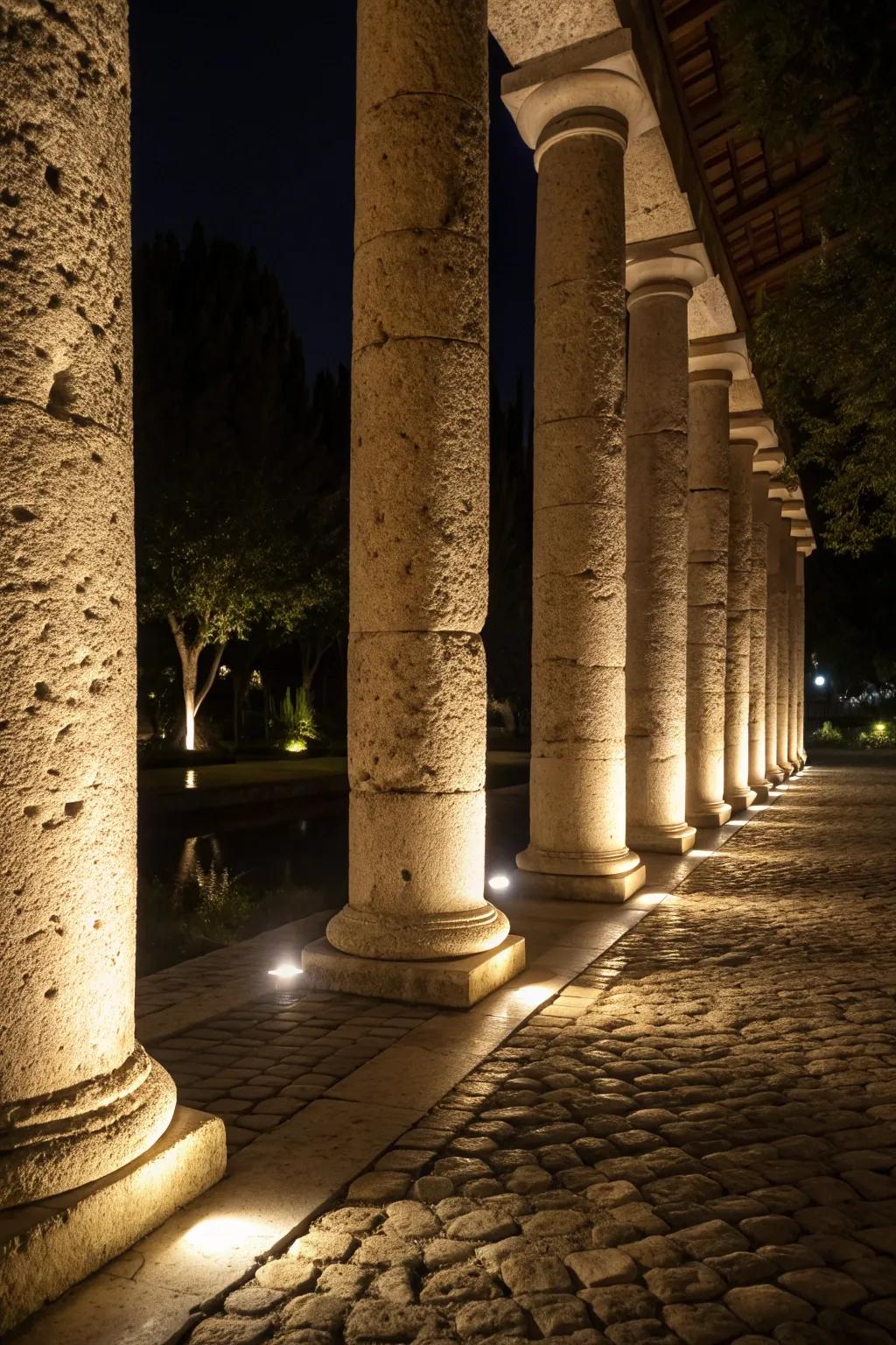 Dramatic uplighting accentuates column texture and height