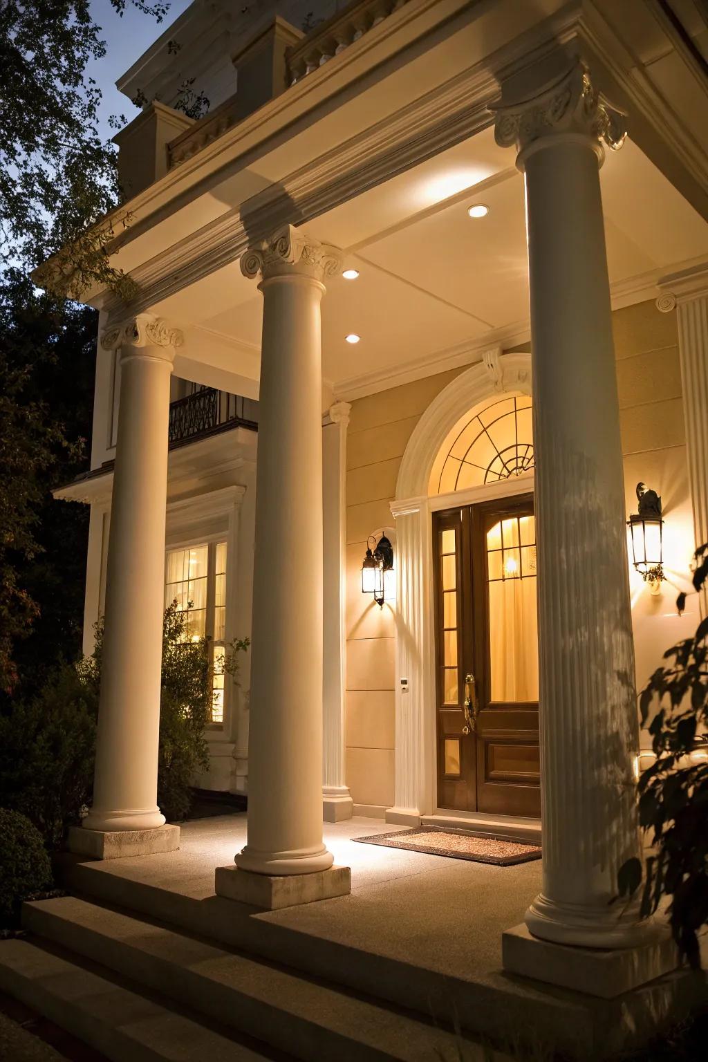 Soft lighting on entrance columns creates a welcoming atmosphere