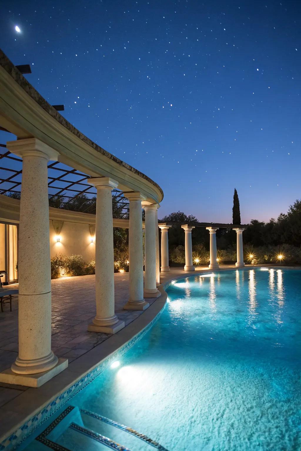 Elegant poolside columns with underwater lighting