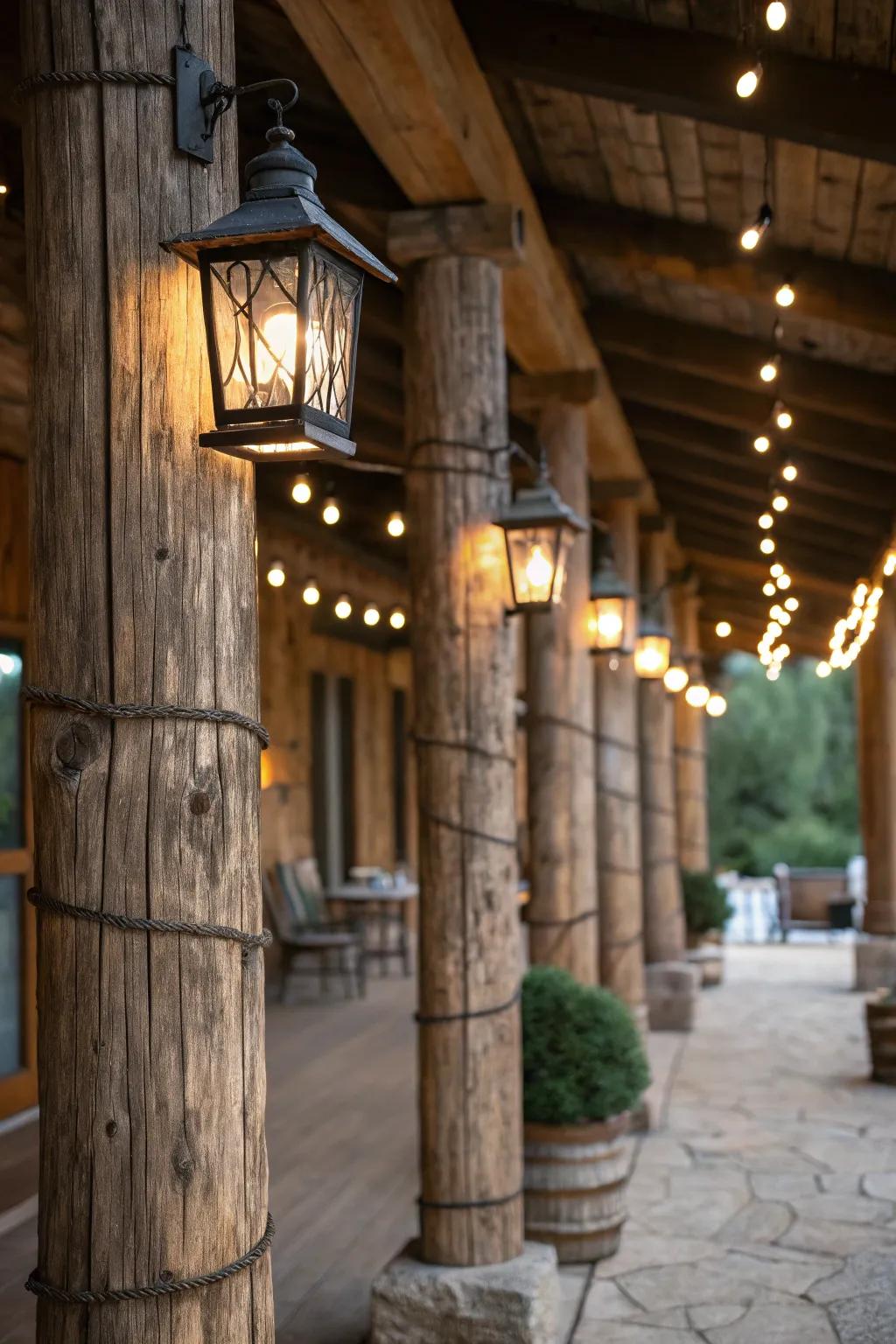 Cozy cabin feel with lantern lights on rustic columns