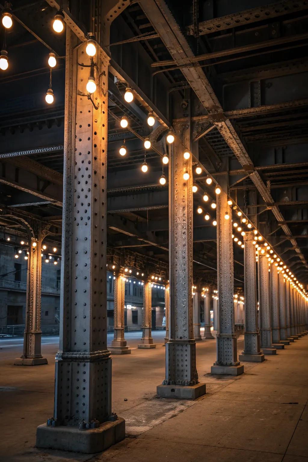 Edgy industrial feel with metal columns and exposed bulbs