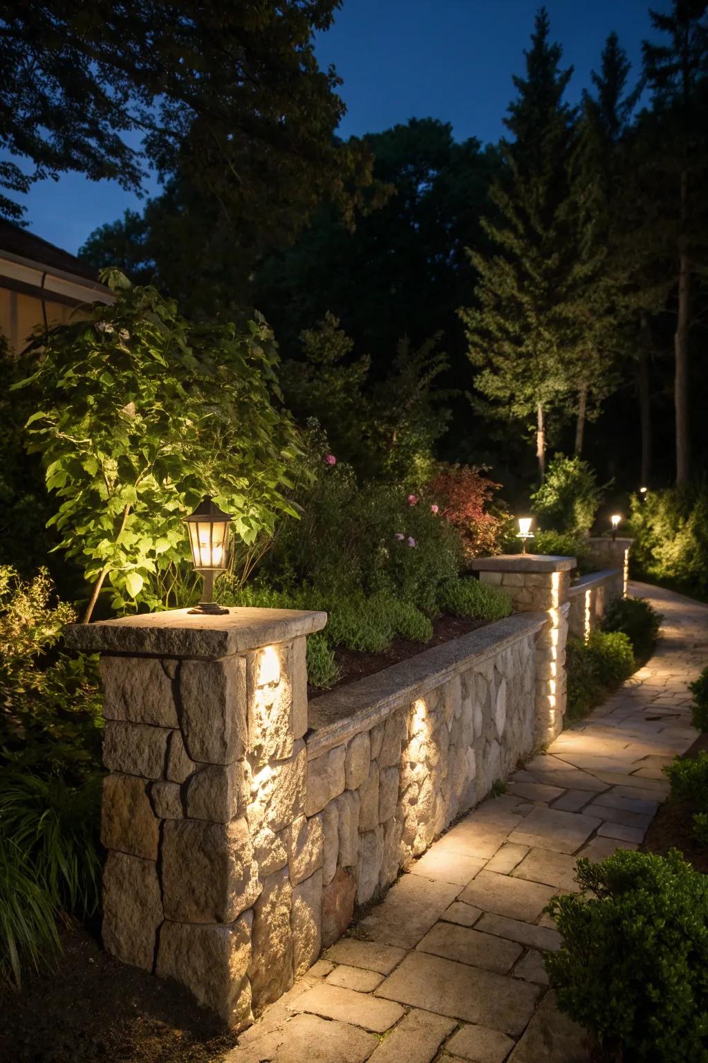 Create a serene garden oasis with softly lit stone walls.