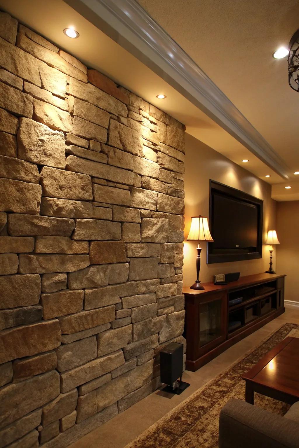 Downlighting adds a warm, inviting glow to stone walls.