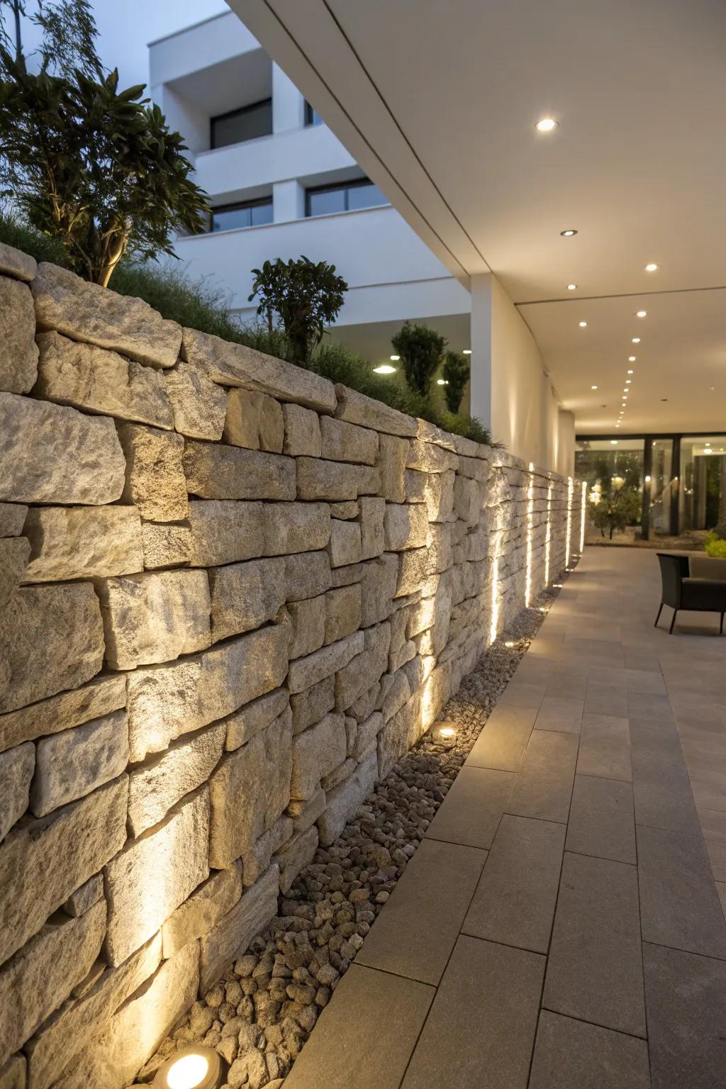 Embedded lights offer a sleek, modern touch to stone walls.