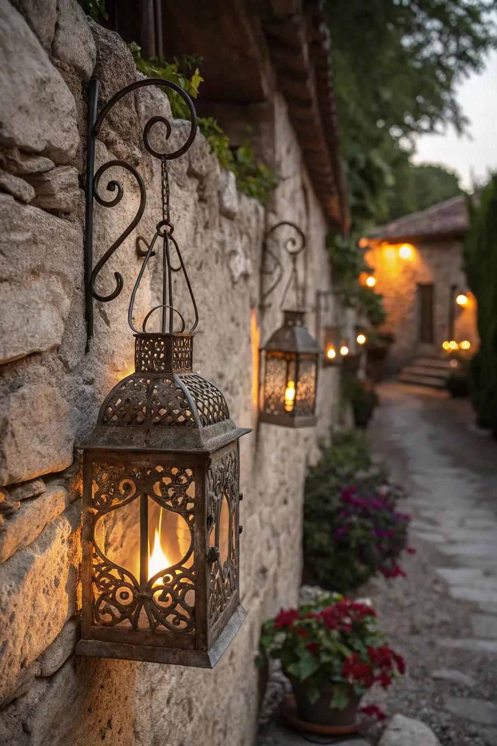 Rustic lanterns add old-world charm to stone walls.