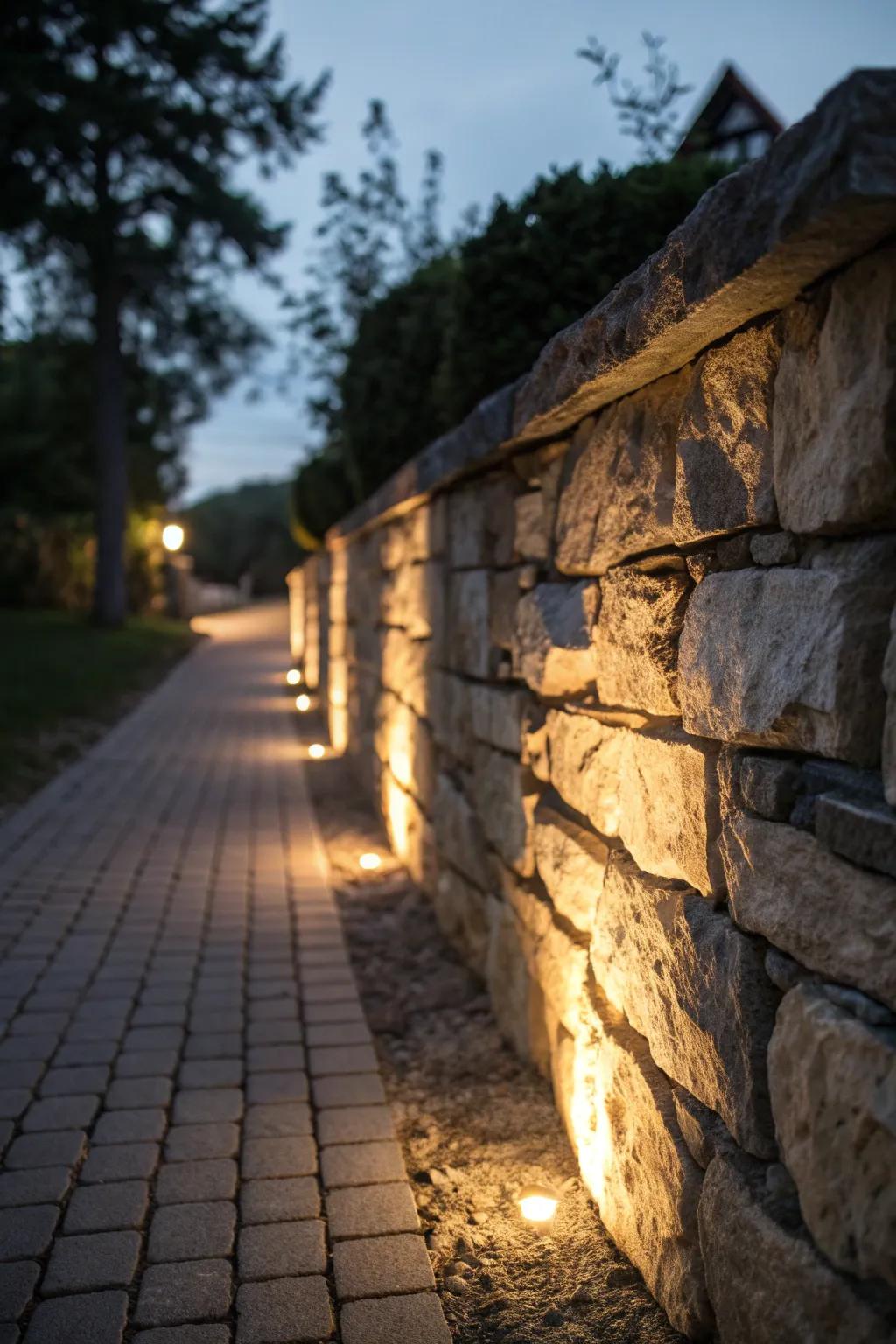 Backlighting creates a modern, ethereal glow on stone walls.