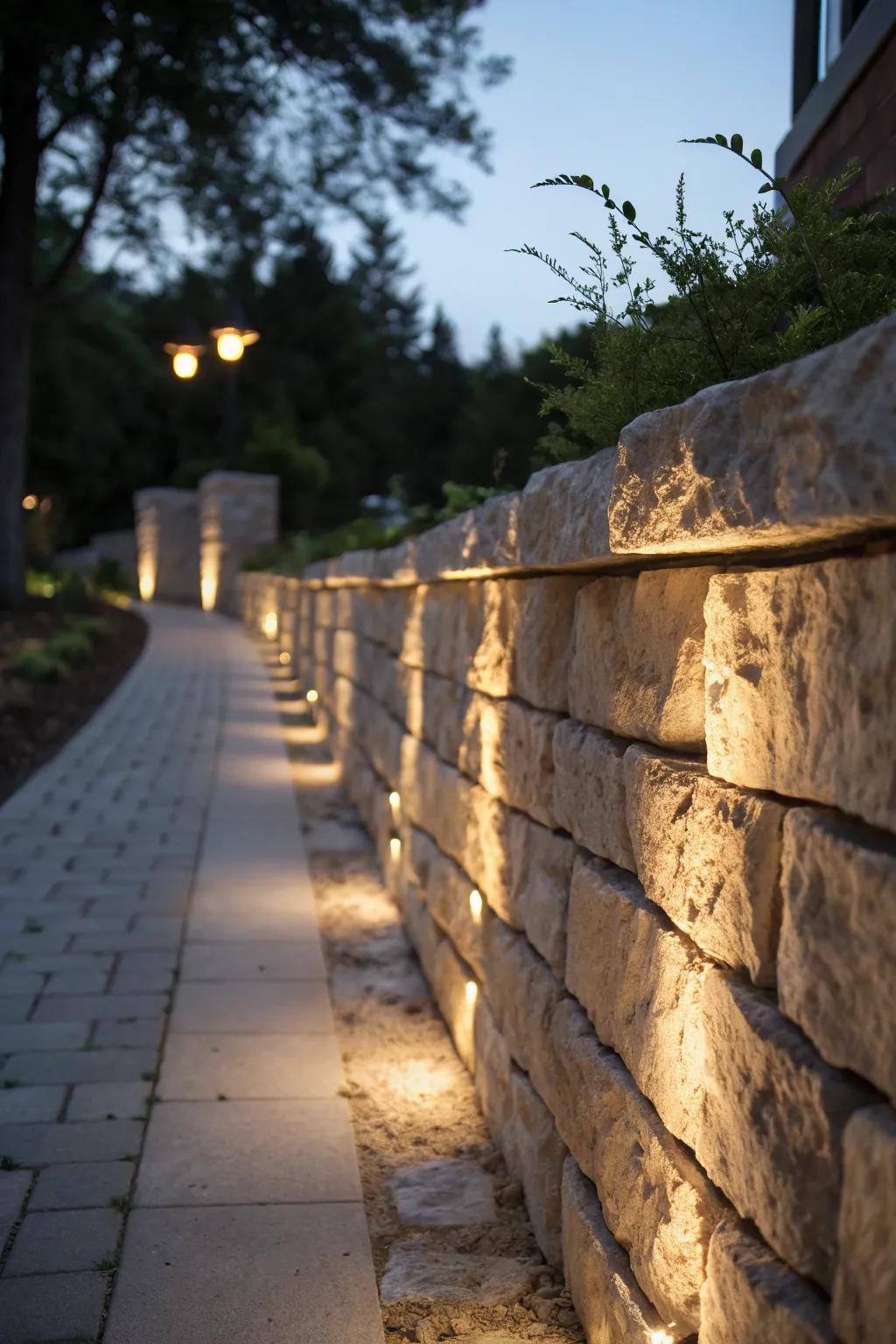 Under-cap lighting subtly highlights stone textures.