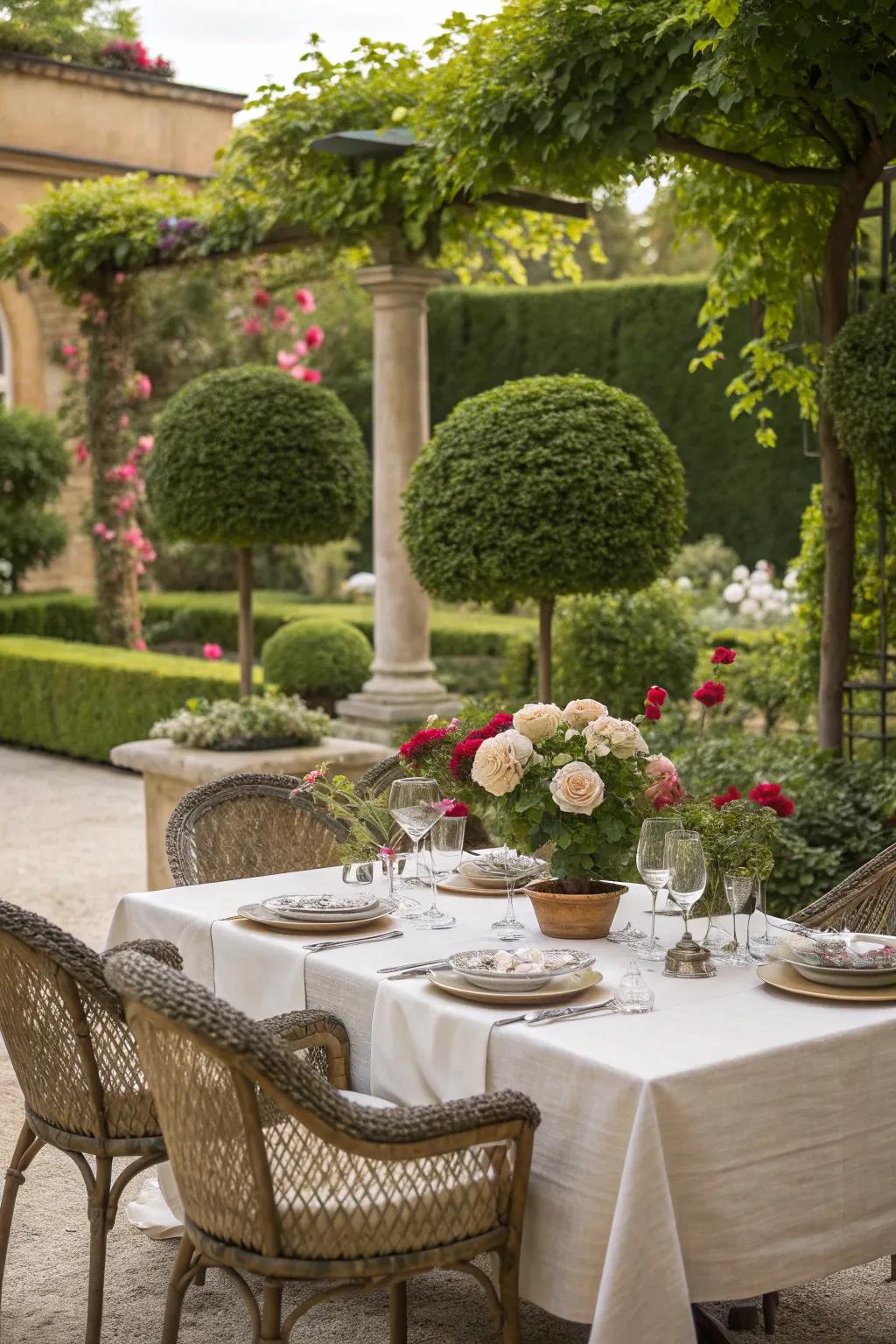 Topiaries elevate outdoor dining experiences.