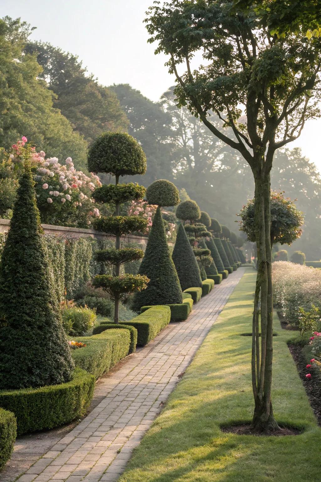 Topiaries line pathways for a charming garden stroll.