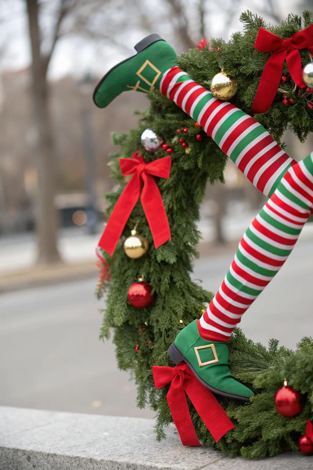 A cheeky wreath with elf legs bringing holiday fun to your door.