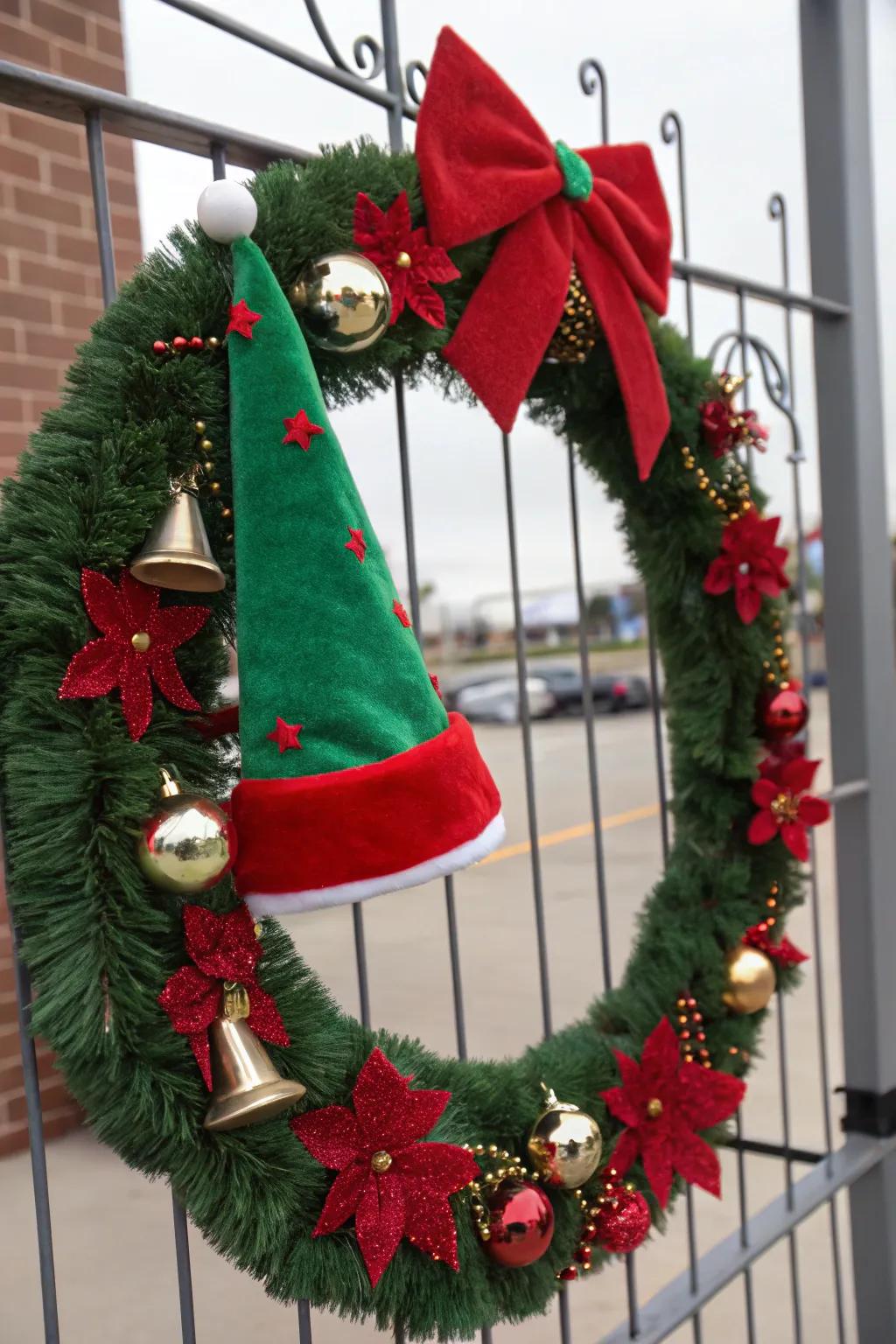 Elf hat centerpiece wreath adds a dash of whimsy to any setting.