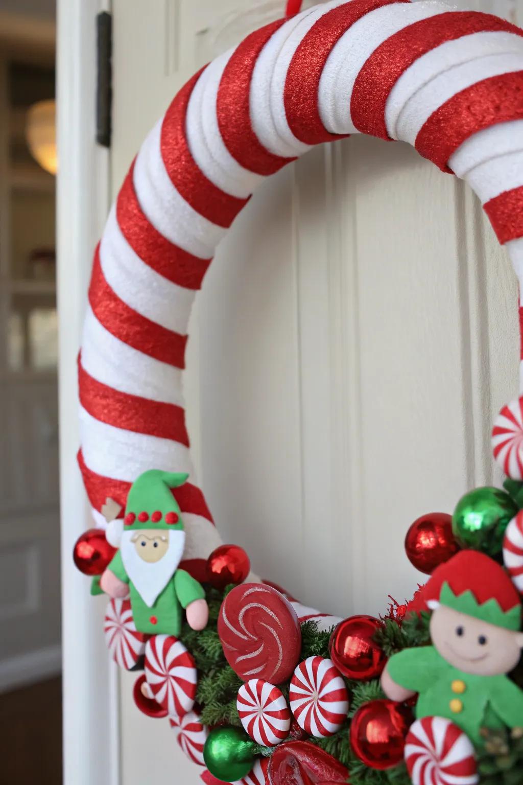 Candy cane themed wreath, perfect for spreading sweet holiday cheer.