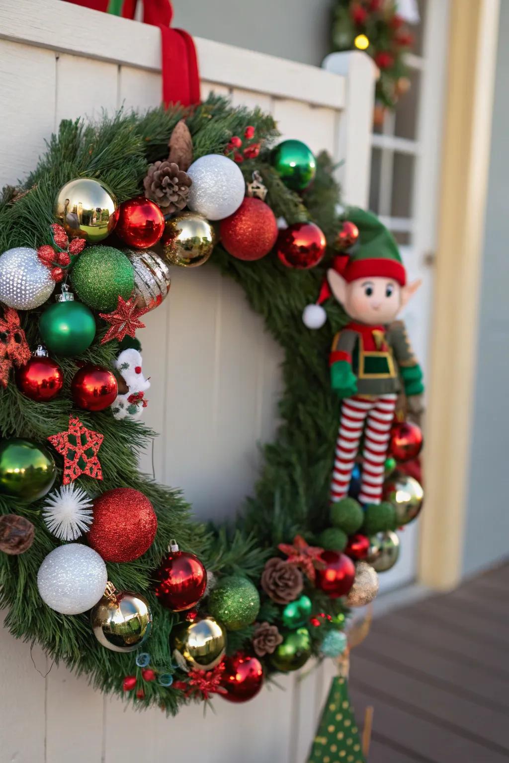 Baubles bring festive sparkle to this whimsical wreath.