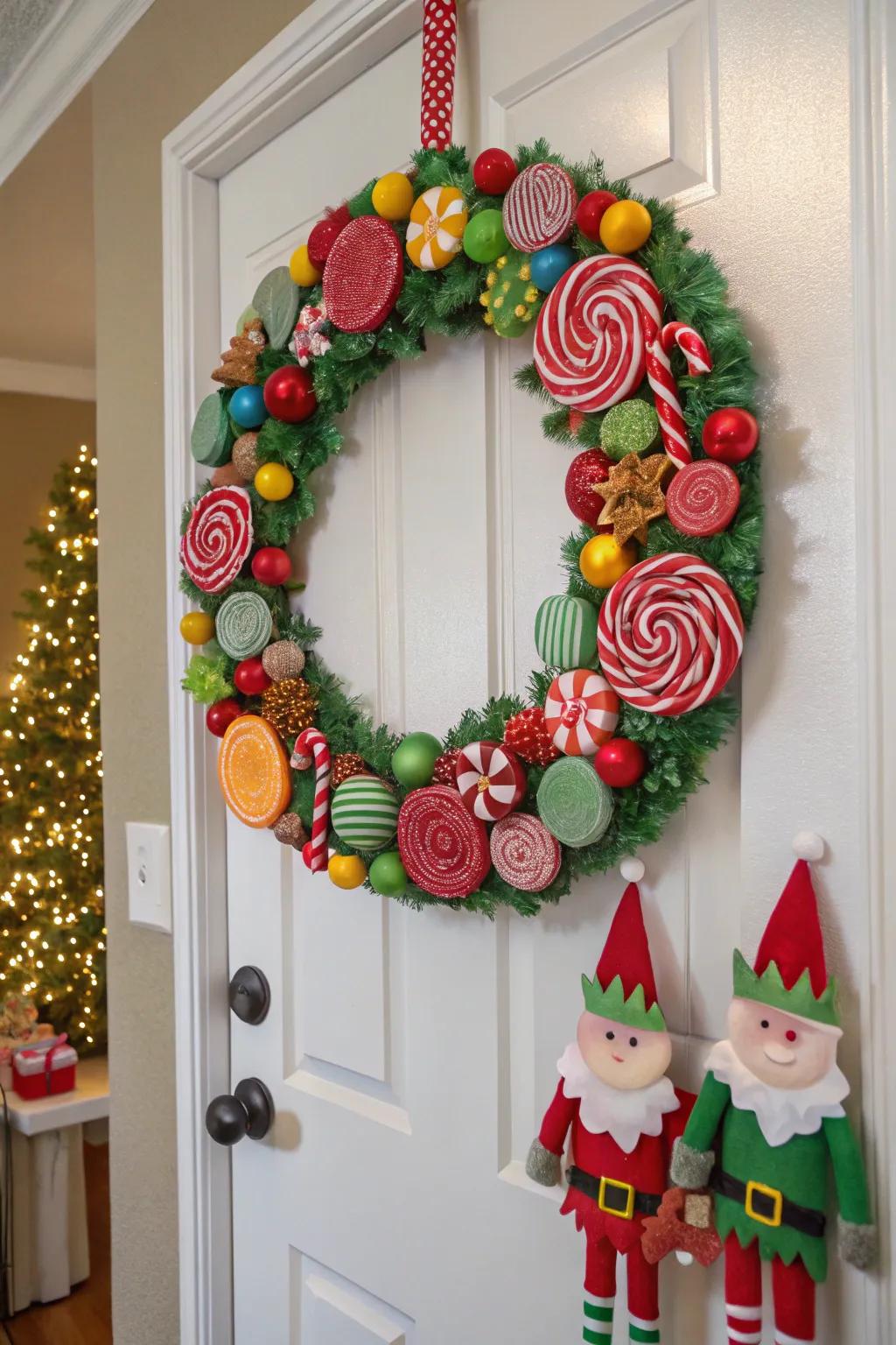 A sweet tooth's dream wreath, full of candy-inspired fun.