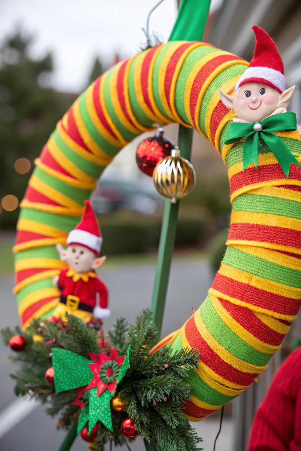 Striped patterns bring a playful touch to this wreath.