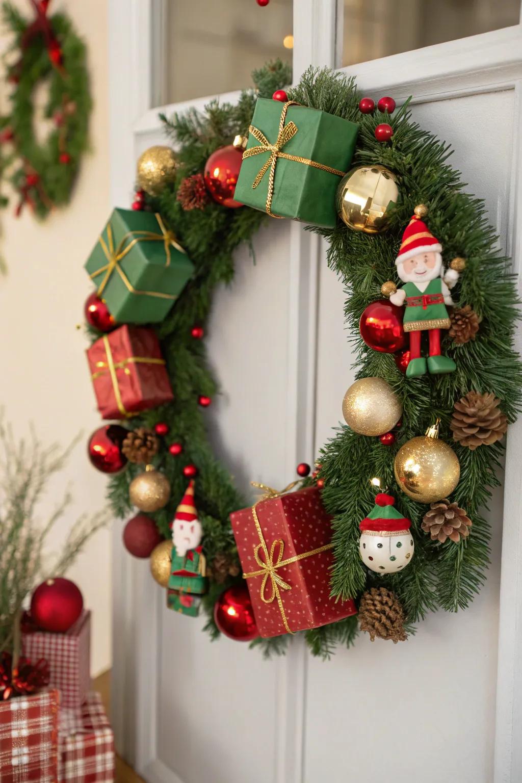 Tiny gift boxes add a surprise element to this wreath.