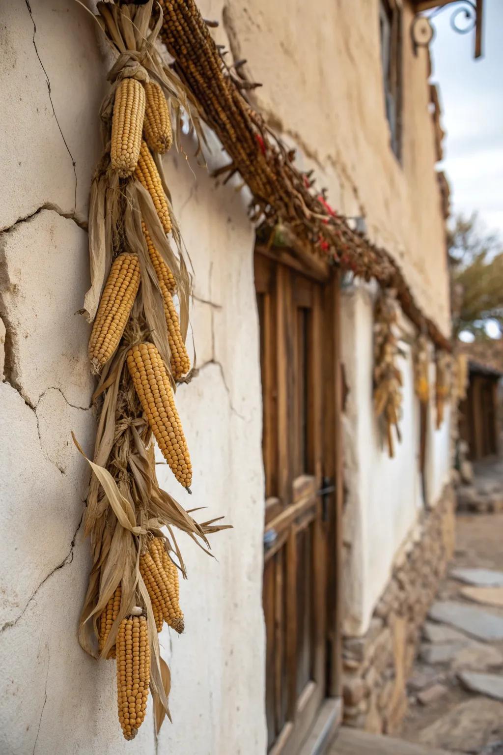 A rustic corn garland elegantly displayed on a wall.