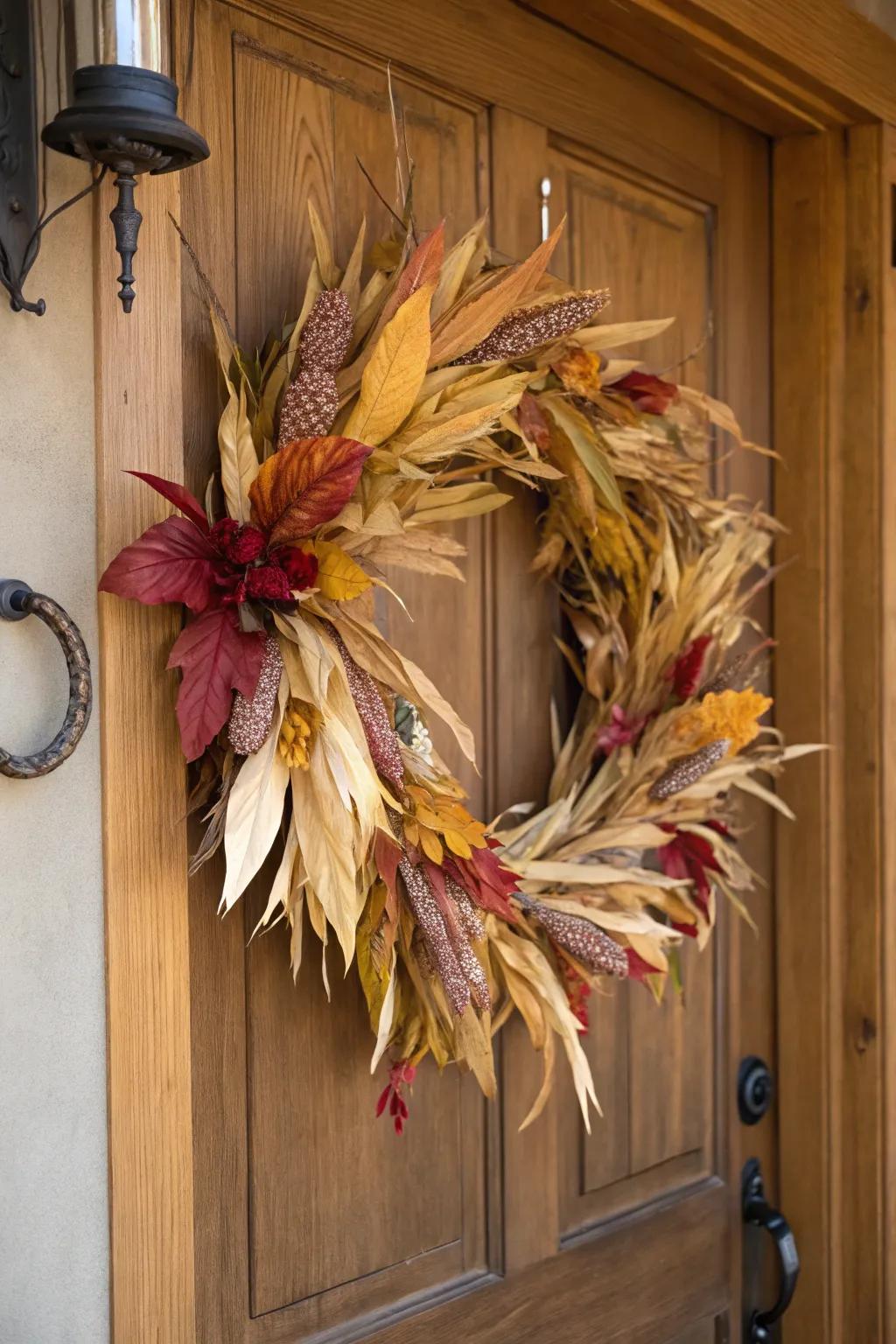 A beautiful corn husk wreath with colorful silk leaves.