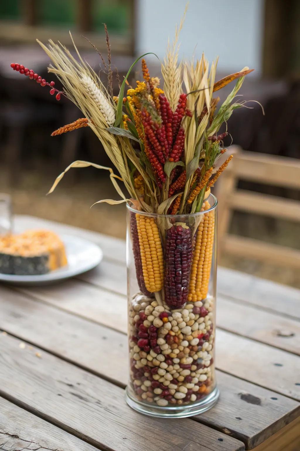 A rustic vase filled with dried corn and grains for a harvest display.