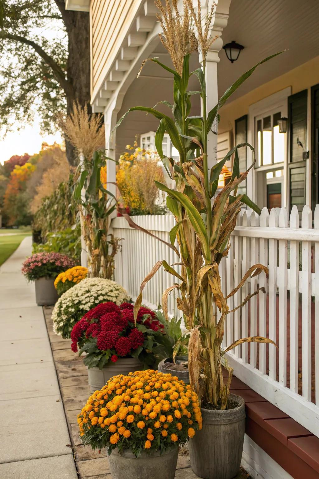 A welcoming porch decorated with corn stalks and vibrant mums.