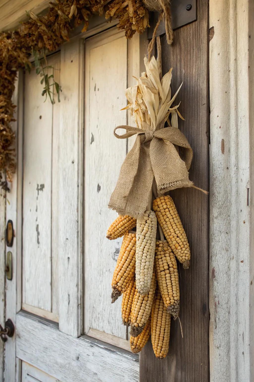 A charming corn and burlap door swag.