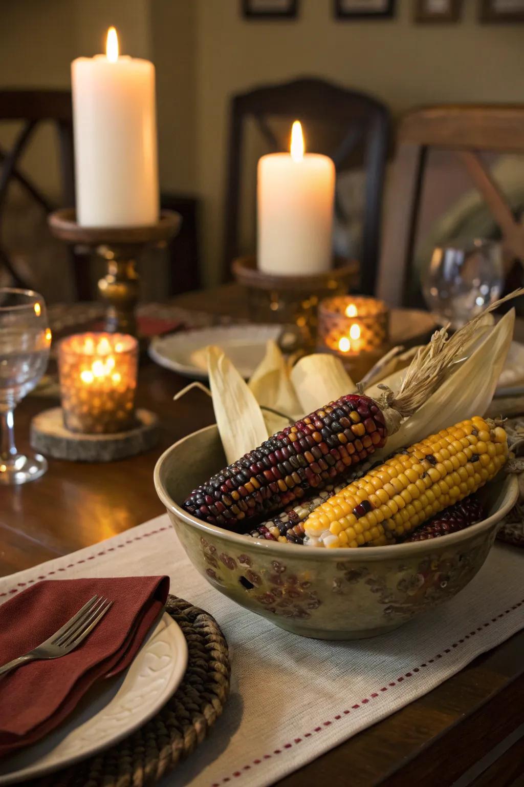 A cozy tablescape featuring candles and Indian corn.