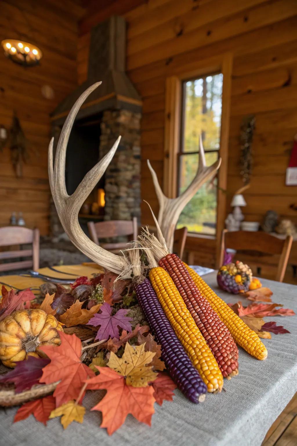 A rustic tablescape featuring antlers and colorful corn.