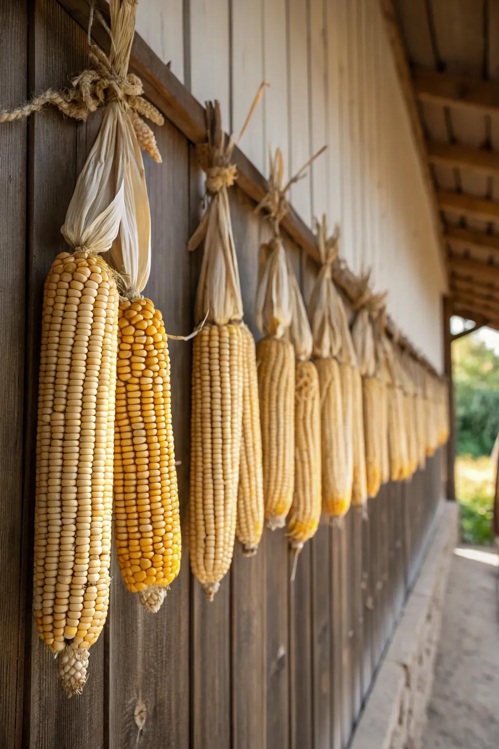 An unexpected display of hanging corn cobs.