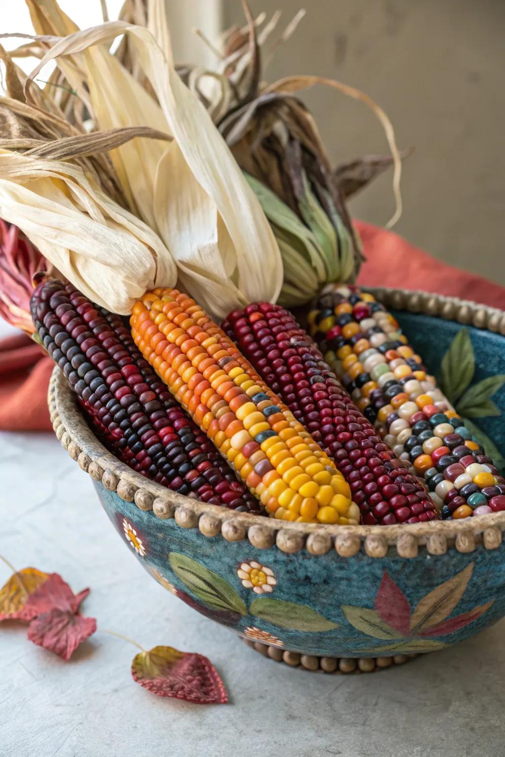 A vibrant display of color-dyed corn husks.