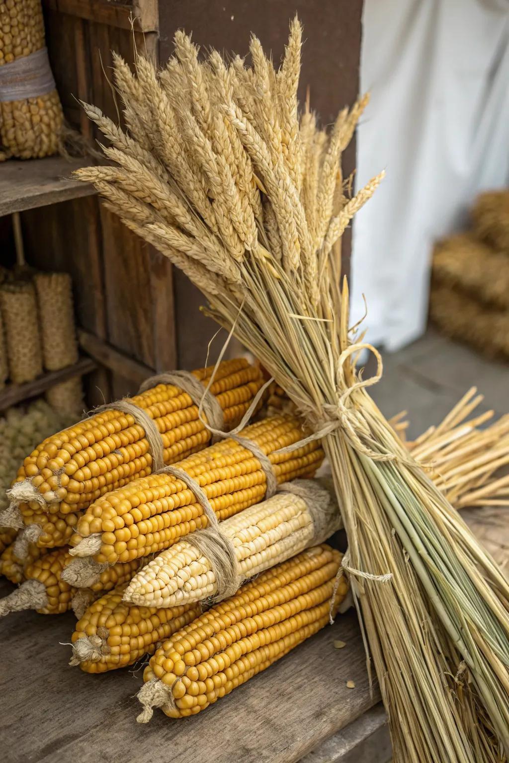 A classic bundle of corn and wheat for a harvest display.