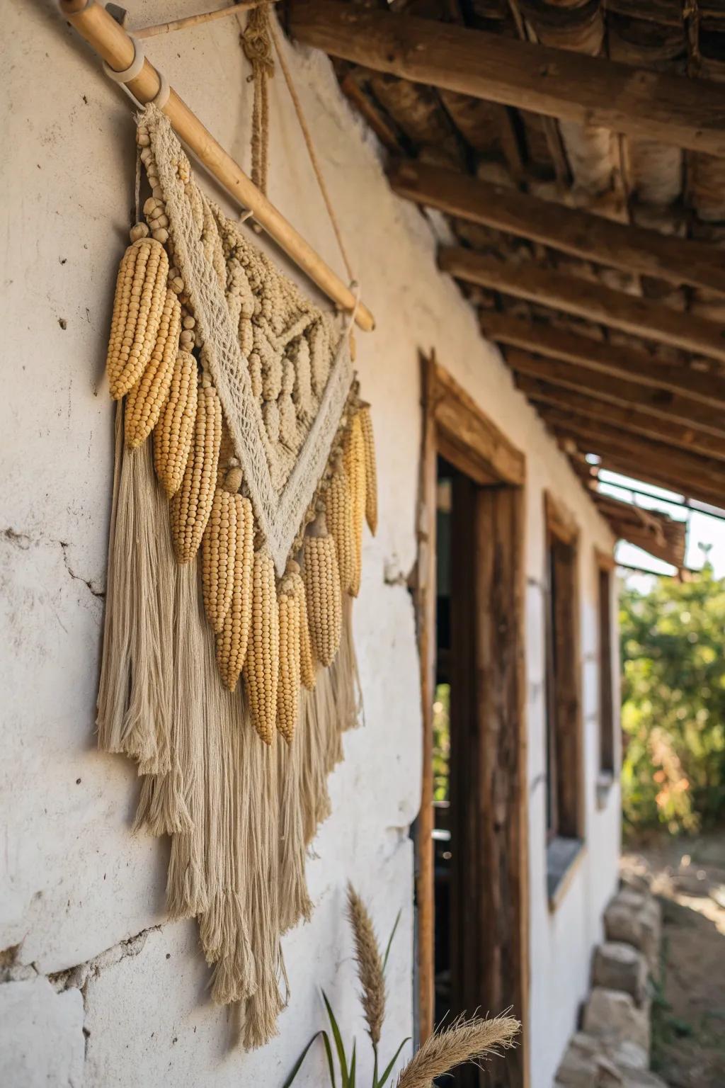 Boho-chic wall art crafted from corn husks.